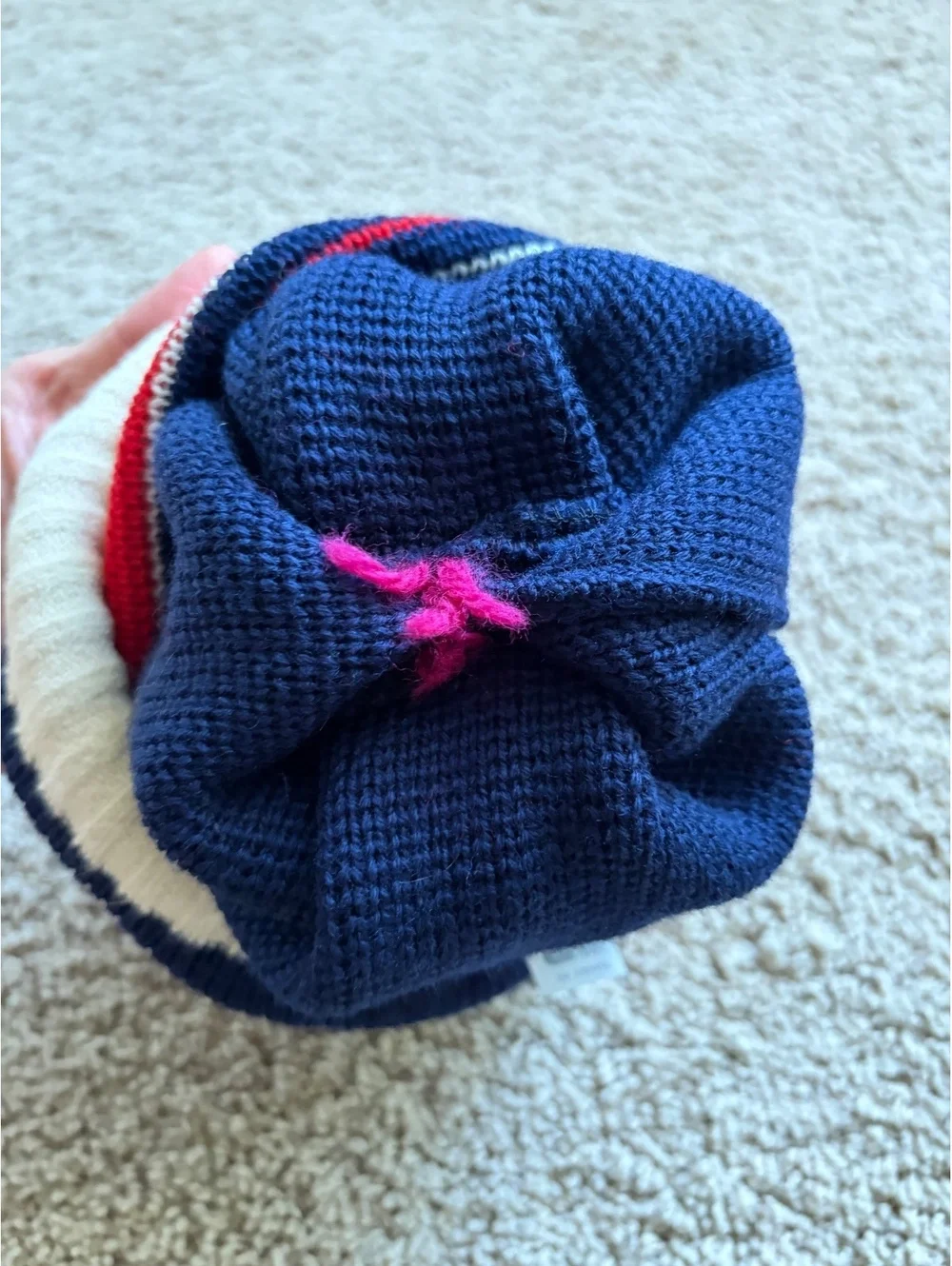vintage 1970/80s Smiley Brand wool ski beanie classic navy blue red striped pom